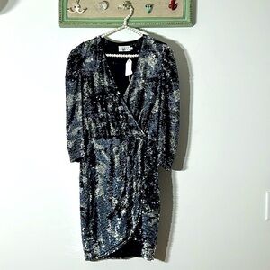 Tanya Taylor Zoey disco Sequin plunging v neck Camo Wrap mini dress long sleeve